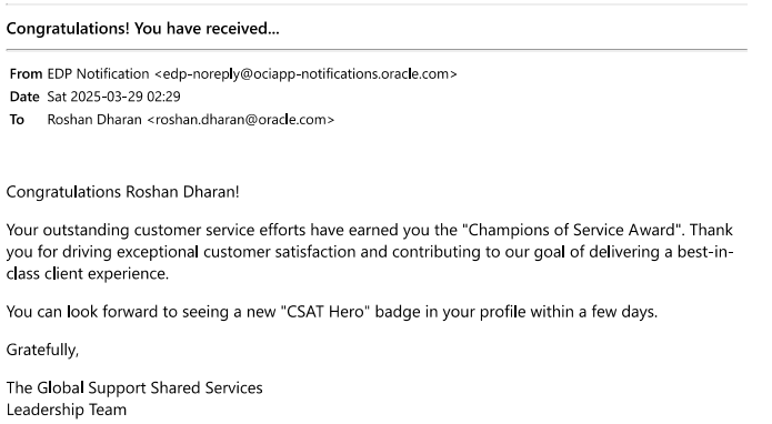 Oracle Champion of Service Award certificate