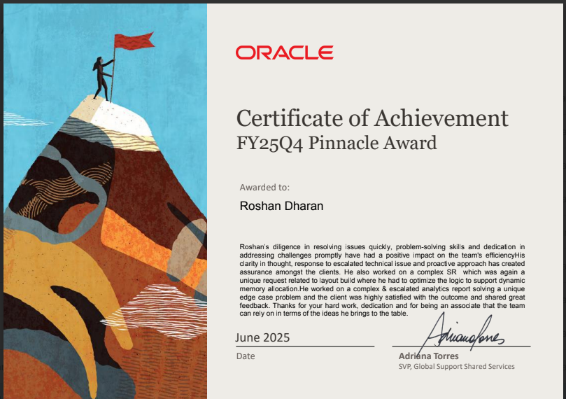 FY25Q4 Oracle Pinnacle Award certificate