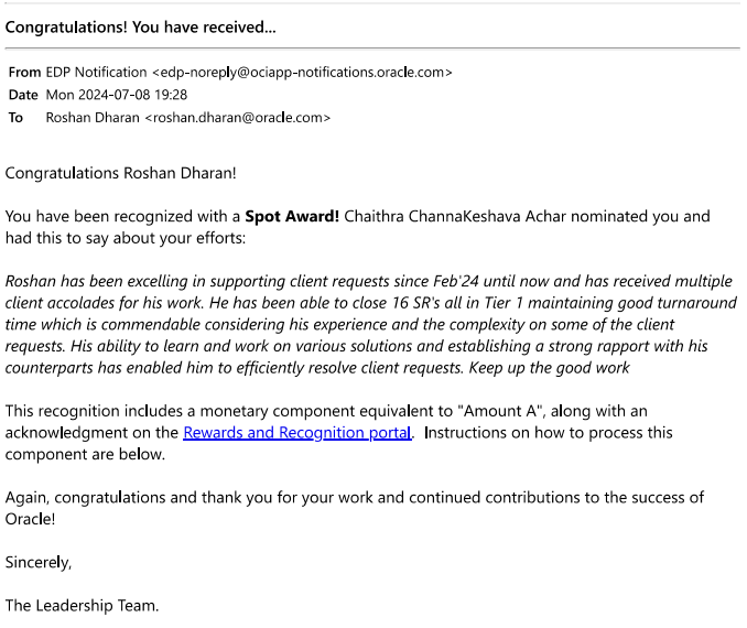 Oracle Spot Award certificate