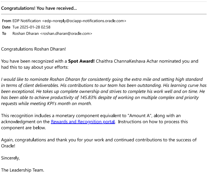 Oracle Spot Award certificate